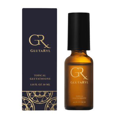 A brown 30 ml bottle labeled "GRX Glutatyl Topical Glutathione" stands beside its matching black and gold box packaging.